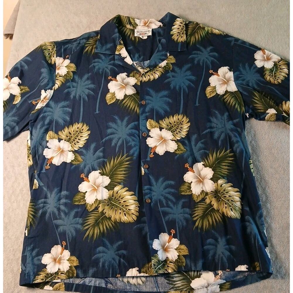 Pacific Legend Hawaiian Shirt Men’s 2XL Blue Floral Hibiscus Palm Aloha Hawaii